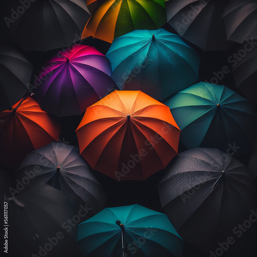 Colored umbrellas, in the middle of a batch of umbrellas.