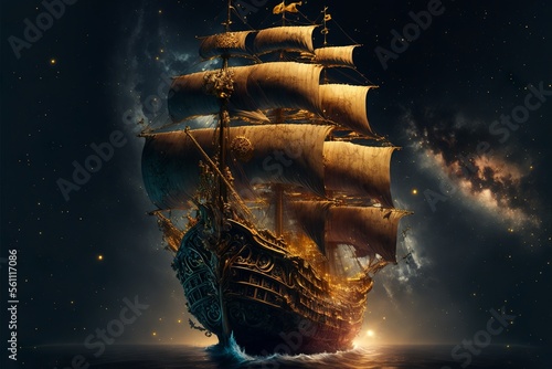 Fototapete A sailing pirate ship that is discovering the mysteries of outer space and the u