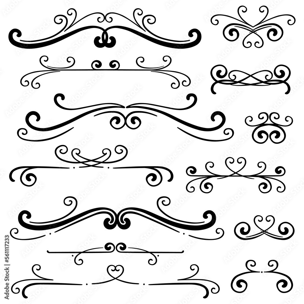 Hand drawn head bottom curly ornamental dividers. Calligraphy card poster wedding engagement menu divider ornamental decorative elements. Isolated graphic vector object set.