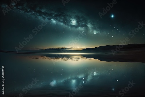  a night sky with stars and a bright light reflecting in the water and a mountain range in the distance with a bright light shining on the horizon and a bright star in the sky above.
