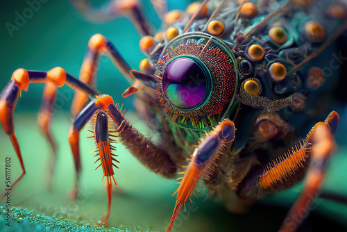 Incredibly detailed macro close-up of an imaginary insect sitting on a flower. Generative AI. 