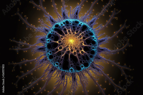 Incredibly detailed macro close-up of a virus or bacteria visualization. Generative AI.