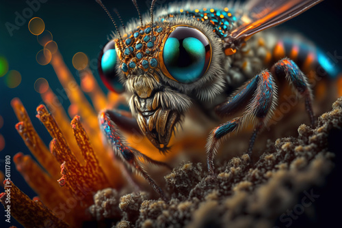 Incredibly detailed macro close-up of a mythical Fly sitting on a flower. Imaginary insect. Generative AI.  © ezduzit
