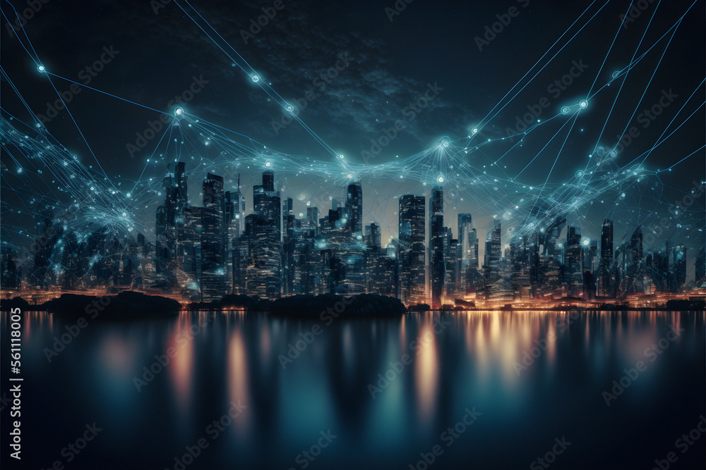 Illustration of a smart city at night, application development concept, smart city, Internet of things, smart life, information technology, gradient grid line.