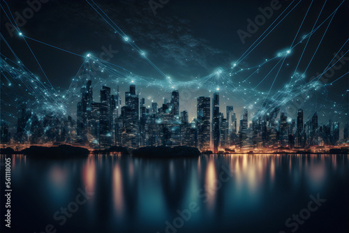 Illustration of a smart city at night  application development concept  smart city  Internet of things  smart life  information technology  gradient grid line.