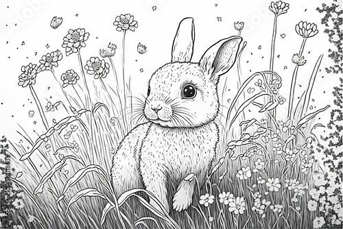  a rabbit sitting in the grass with flowers around it and a sky background with flowers and grass and flowers around it, and a white background with a black outline of a rabbit's.