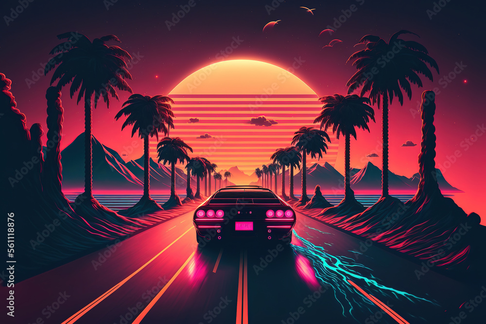 a car driving down a road surrounded by palm trees, retrofuturism, retrowave, synthwave, art 