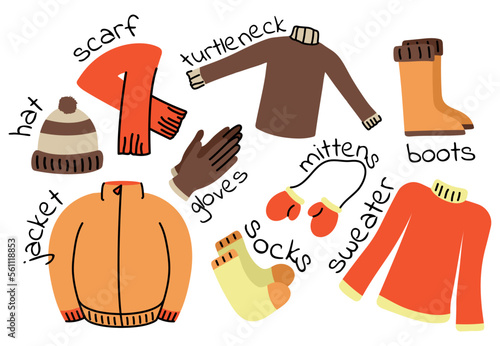 Set of clothes with the name of the element. Color image. Warm outerwear. A collection of winter things for learning words in English. Vector illustration.