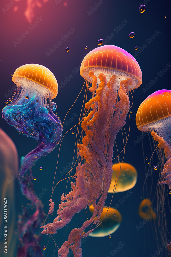 Fototapeta premium multiple jellyfish in ocean, ocean animals, art illustration 