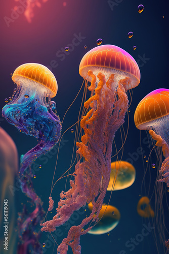 multiple jellyfish in ocean, ocean animals, art illustration  © vvalentine