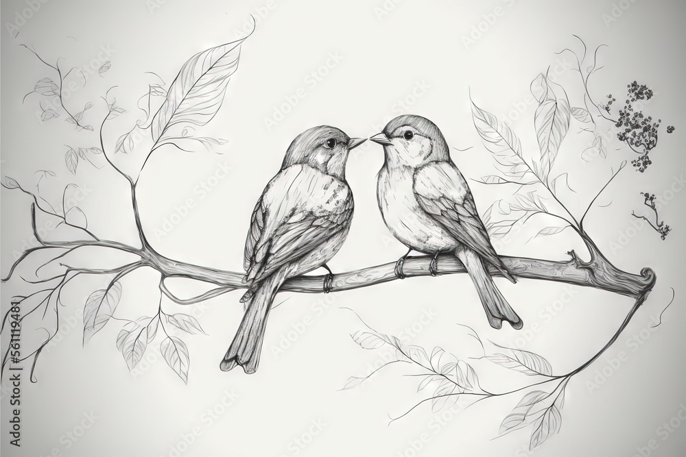 two birds sitting on a branch with leaves and flowers in the background, one of them kissing the other on the branch, while the other is in the foreground, a white background. two birds sitting on a branch with leaves and flowers in the background, one of them kissing the other on the branch, while the other is in the foreground, a white background.