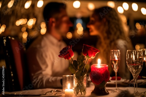 Valentine's Day Romantic Dinner: Candlelit table decorated with red roses, champagne, surrounded by soft candlelight, blur of couples celebrating love and togetherness