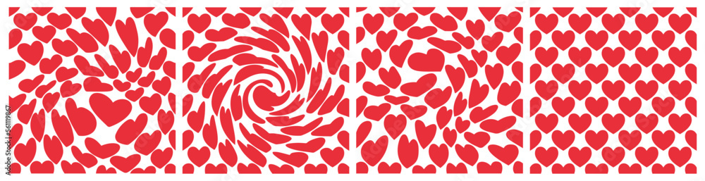 Vector Seamless Pattern with Red Dynamic Hearts. Abstract Psychedelic Texture. Creative Love Background for Valentine's Day, Wedding, Packaging Design and Advertisement Vector Seamless Pattern with Red Dynamic Hearts. Abstract Psychedelic Texture. Creative Love Background for Valentine's Day, Wedding, Packaging Design and Advertisement