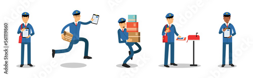 Postman or Mailman Character Delivering Letters and Parcels Vector Set