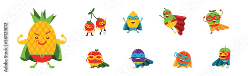 Funny Juicy Fruits in Superhero Cloak and Cape Vector Set