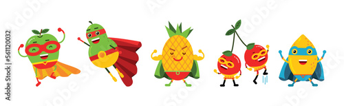 Funny Juicy Fruits in Superhero Cloak and Cape Vector Set