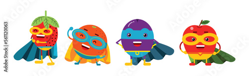 Funny Juicy Fruits in Superhero Cloak and Cape Vector Set