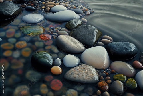  a painting of rocks and water on a beach with a sky background and a white frame around it that has a picture of a beach with rocks and water and pebbles on it and a.