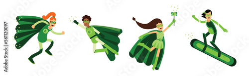 ECO Man and Woman Superhero Characters in Green Costume with Cape Vector Set