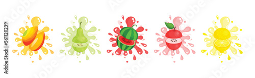 Fresh and Juicy Fruit Cut on Half with Splashes Vector Set