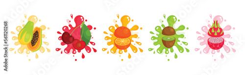 Fresh and Juicy Fruit Cut on Half with Splashes Vector Set