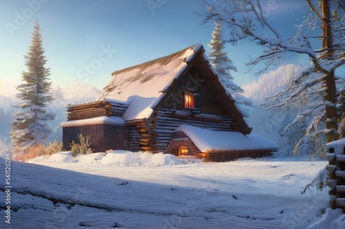 Digital painting of a cabin in the forest during winter, Generative AI