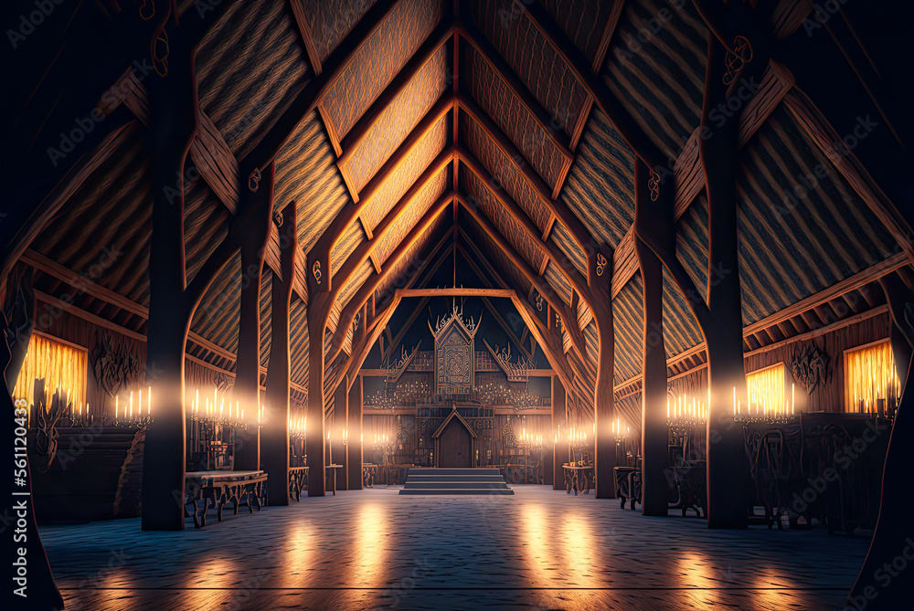 Viking longhouse interior. Generative AI Stock Illustration Adobe Stock