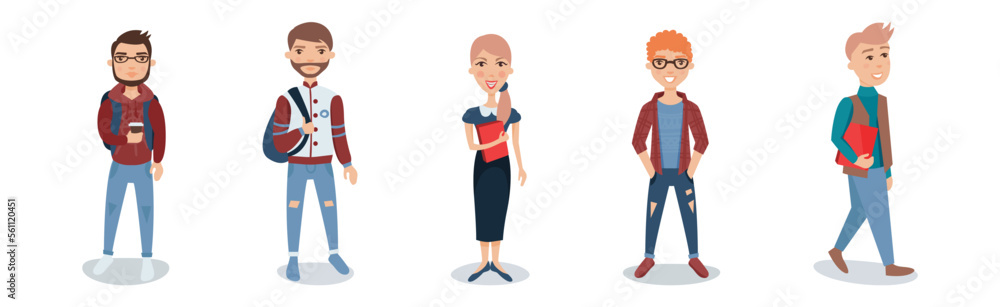 Young Man and Woman Student in Casual Wear with Book and Backpack Vector Set Young Man and Woman Student in Casual Wear with Book and Backpack Vector Set