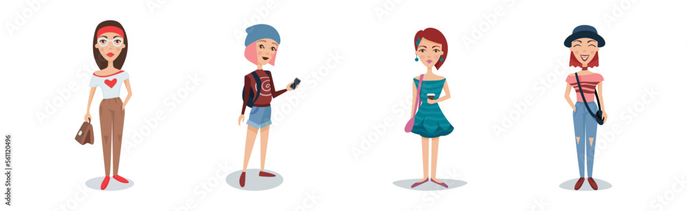 Young Woman Student in Casual Wear with Handbag and Smartphone Vector Set Young Woman Student in Casual Wear with Handbag and Smartphone Vector Set