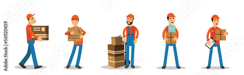 Delivery Man or Carrier in Red Cap Carrying Cardboard Box Vector Set