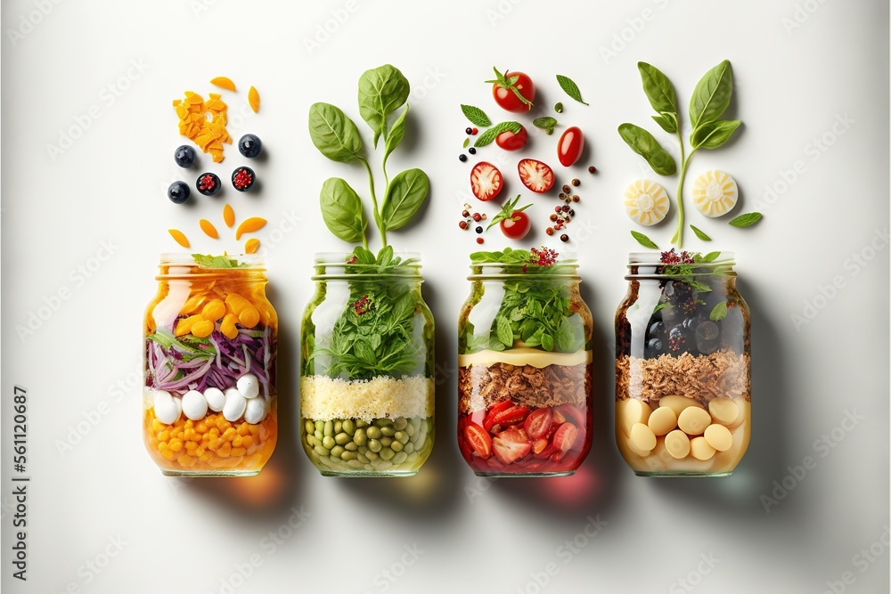  a group of jars filled with different types of food and vegetables, all with different ingredients in them, all on a white background, with a shadow from above the top view, above. - obrazy, fototapety, plakaty 