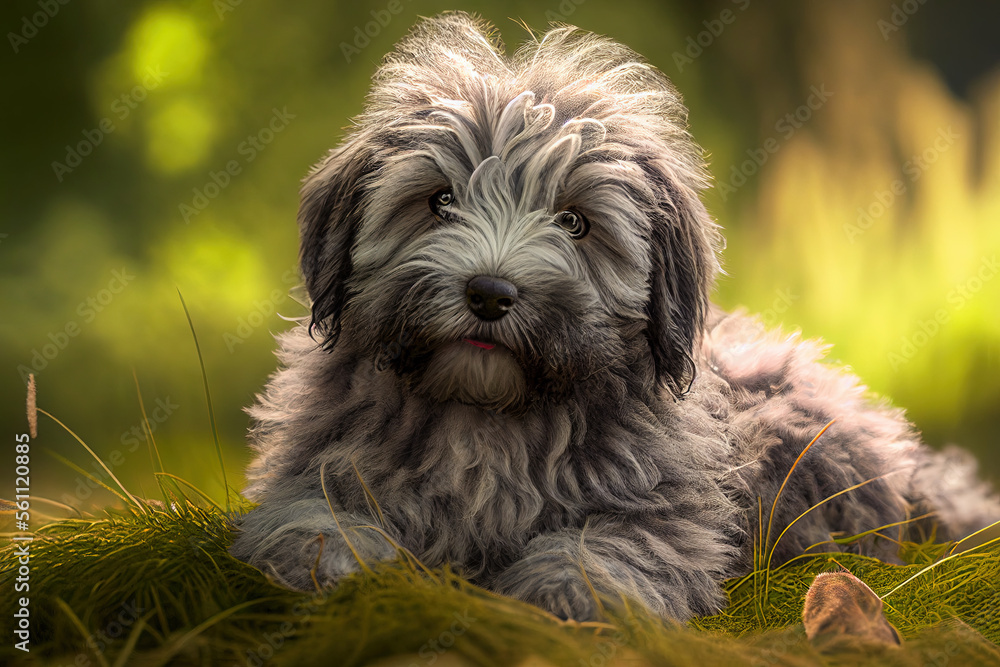 Bergamasco Sheepdog puppy sitting in the grass, cute dogs, Generative AI