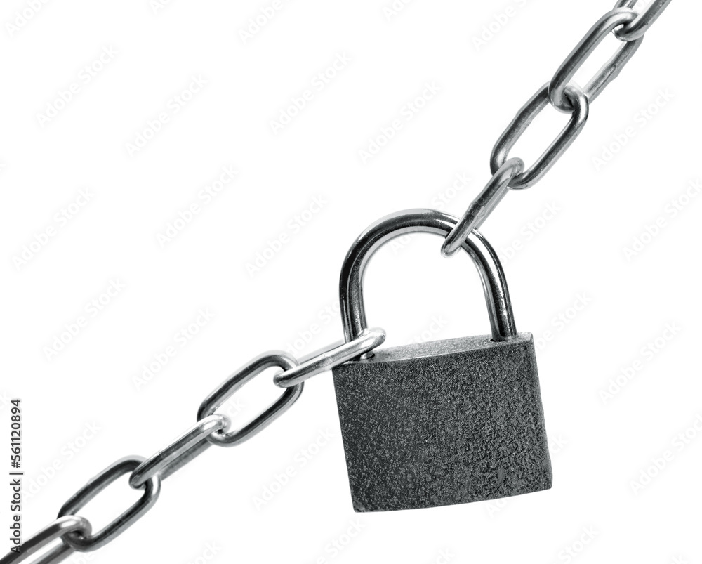 Closed padlock and chains, close-up view Closed padlock and chains, close-up view