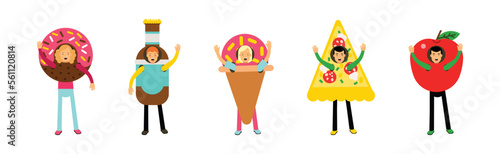 People Wearing Fast Food Snacks Costumes Disguised as Cafe Menu Items Vector Set