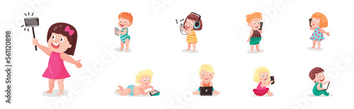 Little Kids Using Mobile Gadget Browsing in the Internet Vector Set
