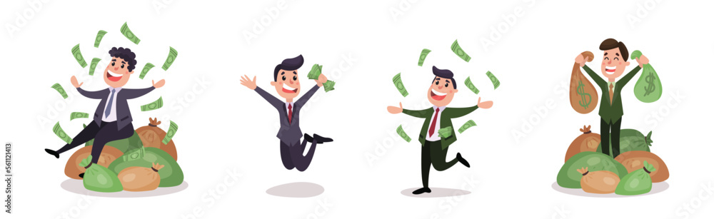 Rich Wealthy Happy Man Millionaire Character with Pile of Dollar Banknotes Vector Set Rich Wealthy Happy Man Millionaire Character with Pile of Dollar Banknotes Vector Set