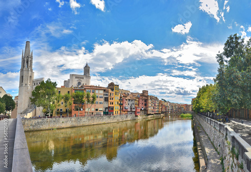 Panorama of the Catalan city of Girona on the river Onyar, Spain