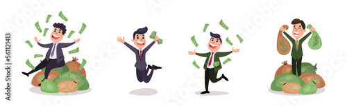 Rich Wealthy Happy Man Millionaire Character with Pile of Dollar Banknotes Vector Set