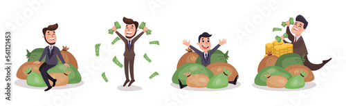 Rich Wealthy Happy Man Millionaire Character with Coins and Dollar Banknotes Vector Set