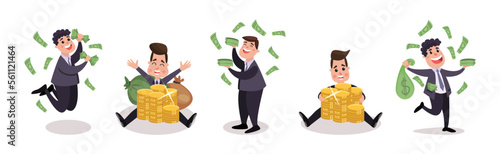 Rich Wealthy Happy Man Millionaire Character with Coins and Dollar Banknotes Vector Set