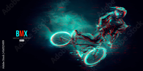 Abstract silhouette of a bmx rider, man is doing a trick, isolated on black background. Cycling sport transport. Vector illustration