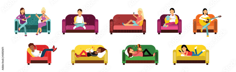 Man and Woman at Home Having Rest Relaxing on Sofa and Armchair Vector Set Man and Woman at Home Having Rest Relaxing on Sofa and Armchair Vector Set