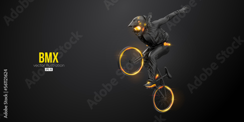 Abstract silhouette of a bmx rider, man is doing a trick, isolated on black background. Cycling sport transport. Vector illustration