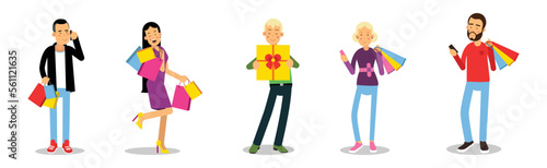 Man and Woman Carrying Shopping Bags with Purchases Vector Set