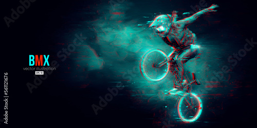 Abstract silhouette of a bmx rider, man is doing a trick, isolated on black background. Cycling sport transport. Vector illustration