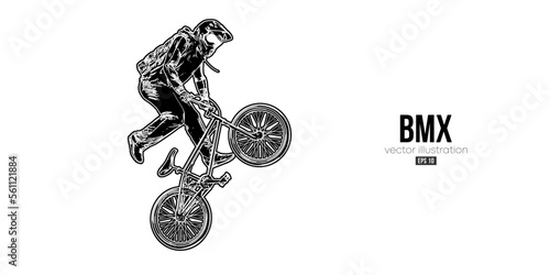 Abstract silhouette of a bmx rider, man is doing a trick, isolated on white background. Cycling sport transport. Vector illustration