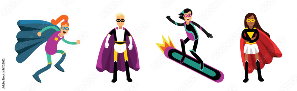Man and Woman Superhero Wearing Cape Having Super Power Vector Set Man and Woman Superhero Wearing Cape Having Super Power Vector Set