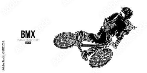 Abstract silhouette of a bmx rider, man is doing a trick, isolated on white background. Cycling sport transport. Vector illustration