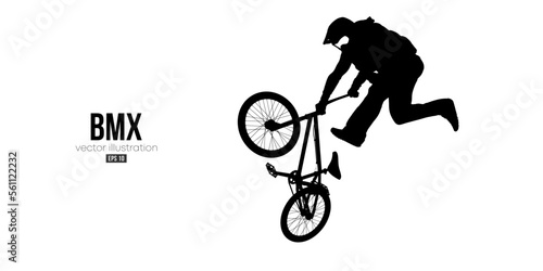 Abstract silhouette of a bmx rider, man is doing a trick, isolated on white background. Cycling sport transport. Vector illustration