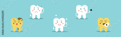 Dental Hygiene with White Teeth on Blue Background Vector Set
